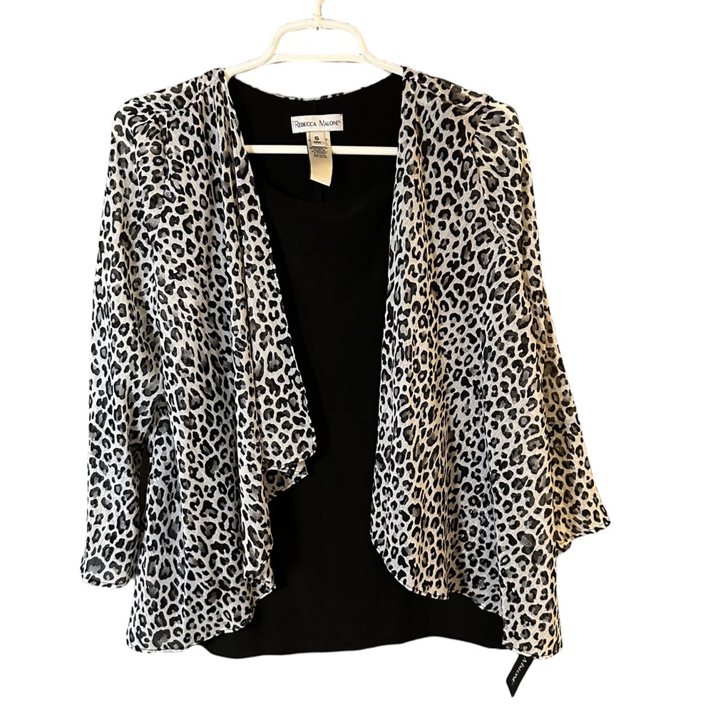 Rebecca Malone Leopard Print Cardigan Top Set Black White Small Chic Layered - Picture 8 of 9
